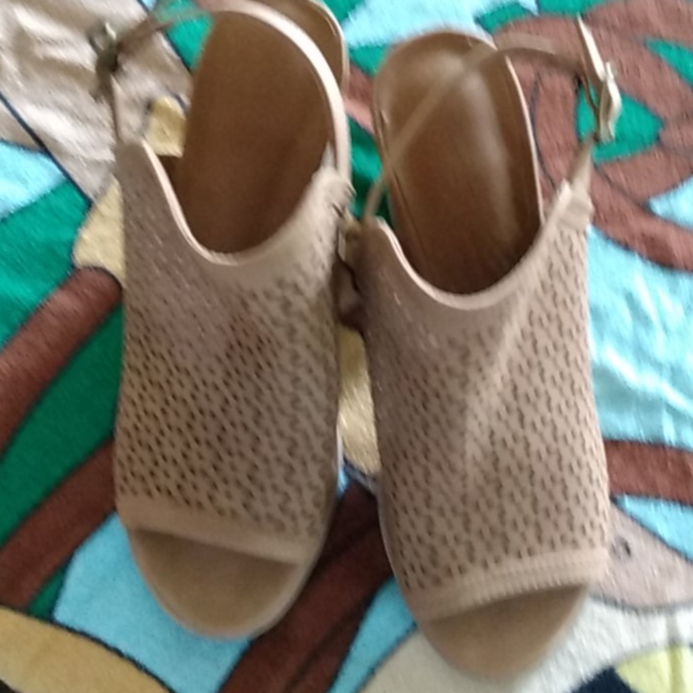 brown heeled open toe shoes